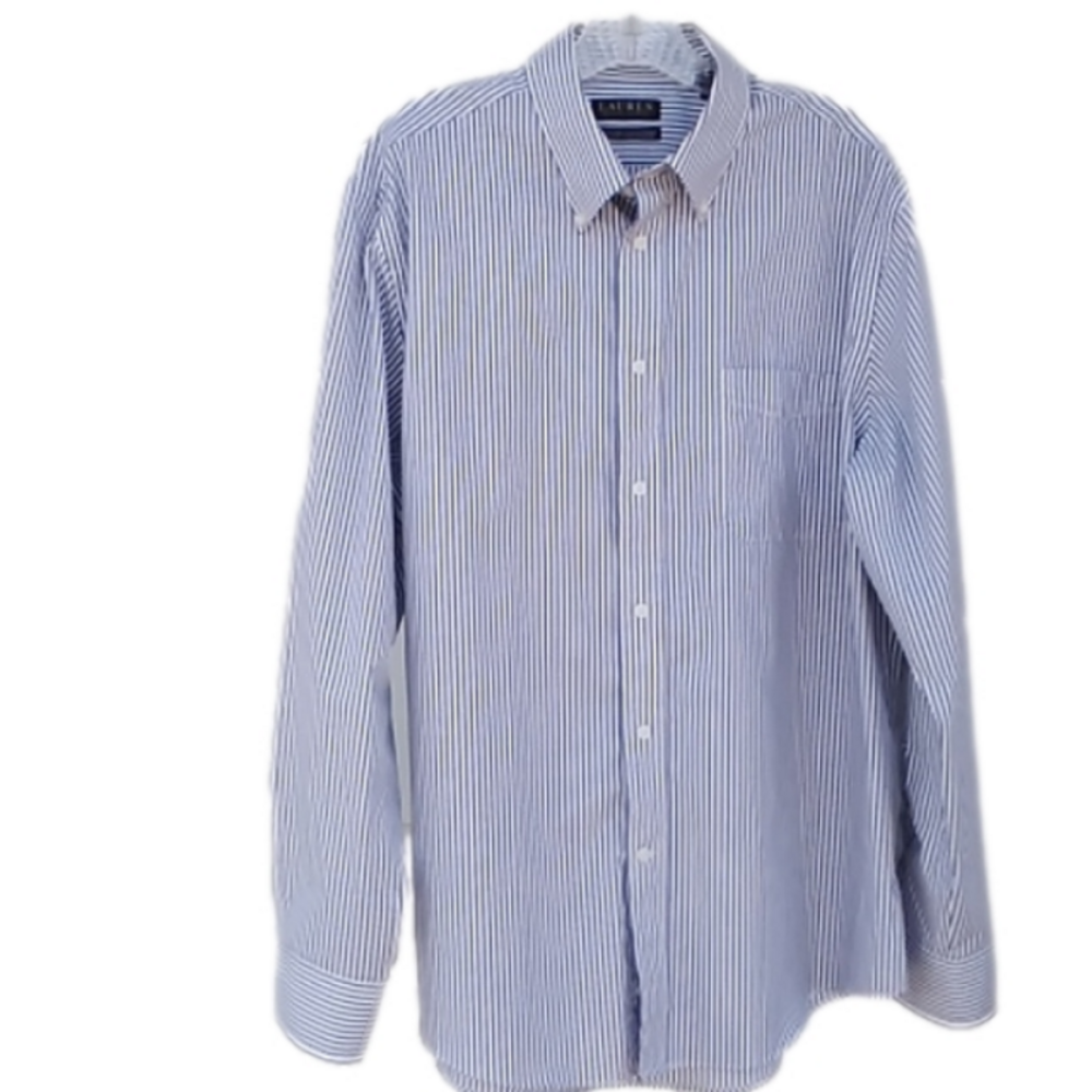 NWOT Lauren Ralph Lauren Men's White Dress Shirt with Blue vertical stripes
